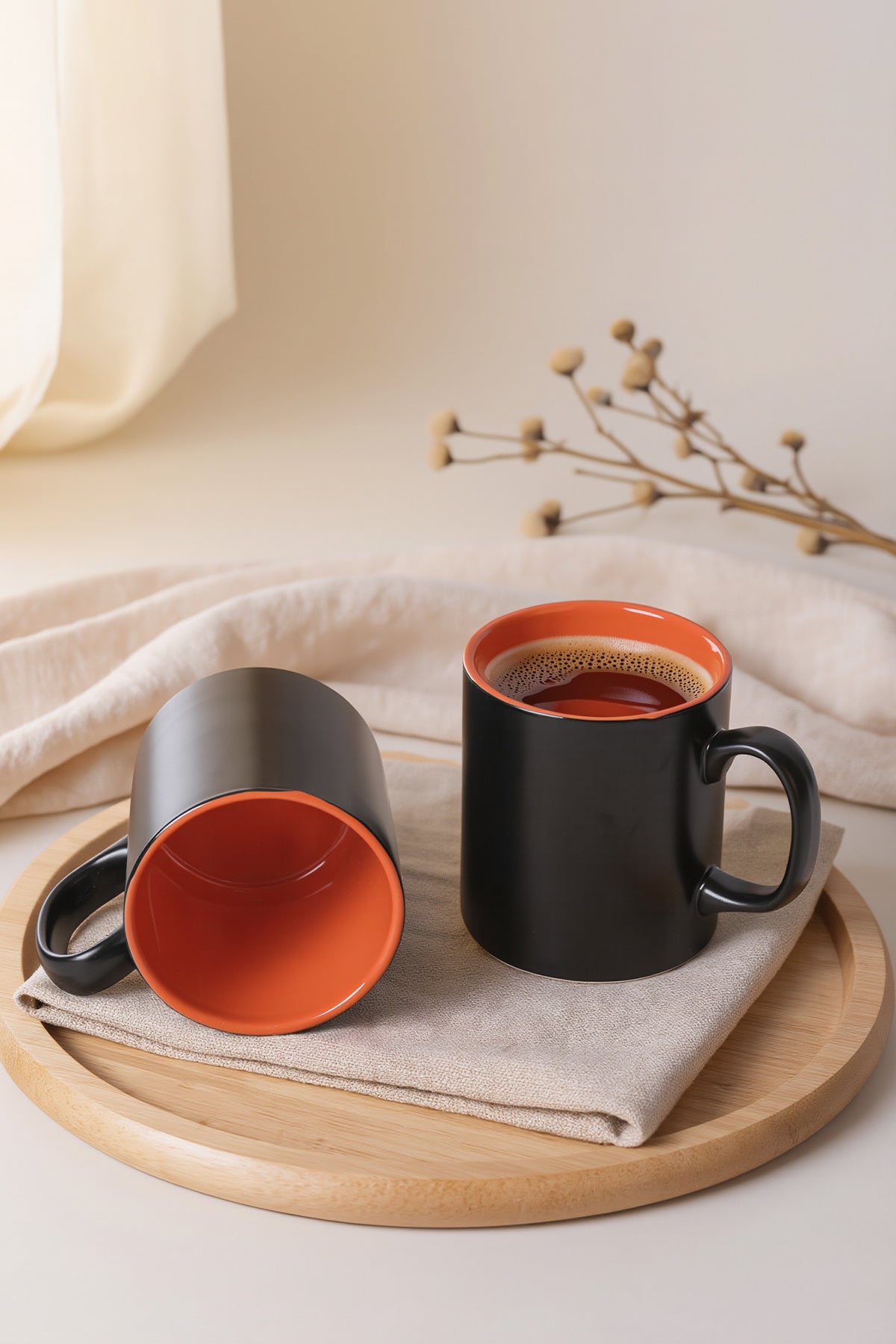 Matte Black / Orange Cylindrical Mug, 10 cm, 2 Pieces