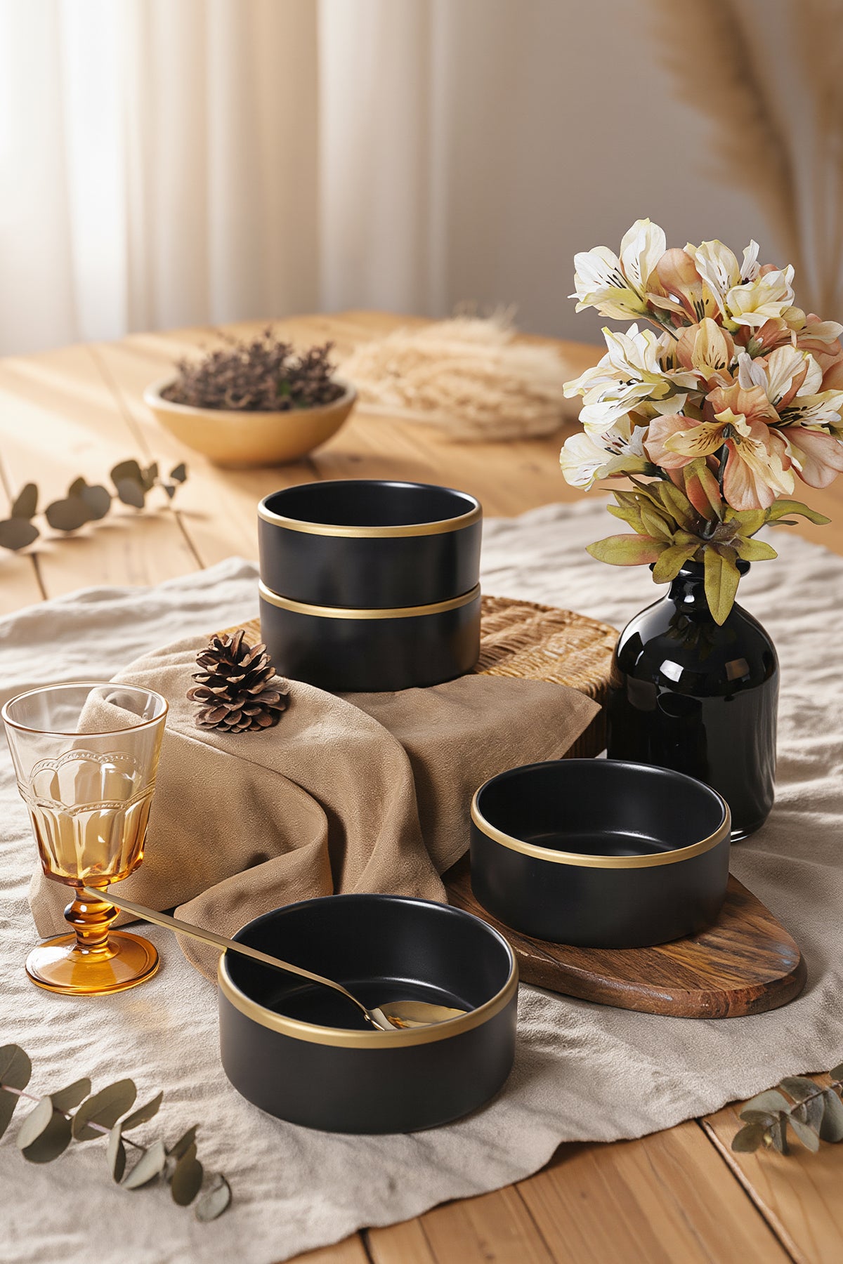 Matte Black Gold Mesh Stackable Bowl 14 cm 4 Pieces