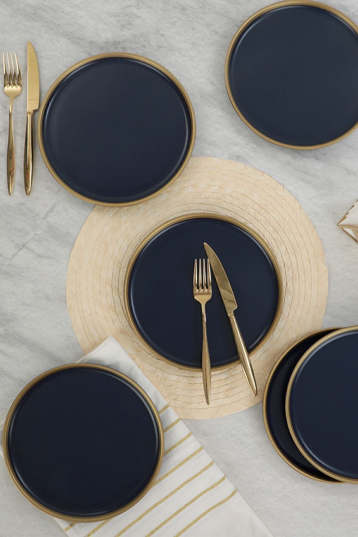 Nordic Gold Matte Navy Blue Cake Plate, 22 cm, 6 Pieces