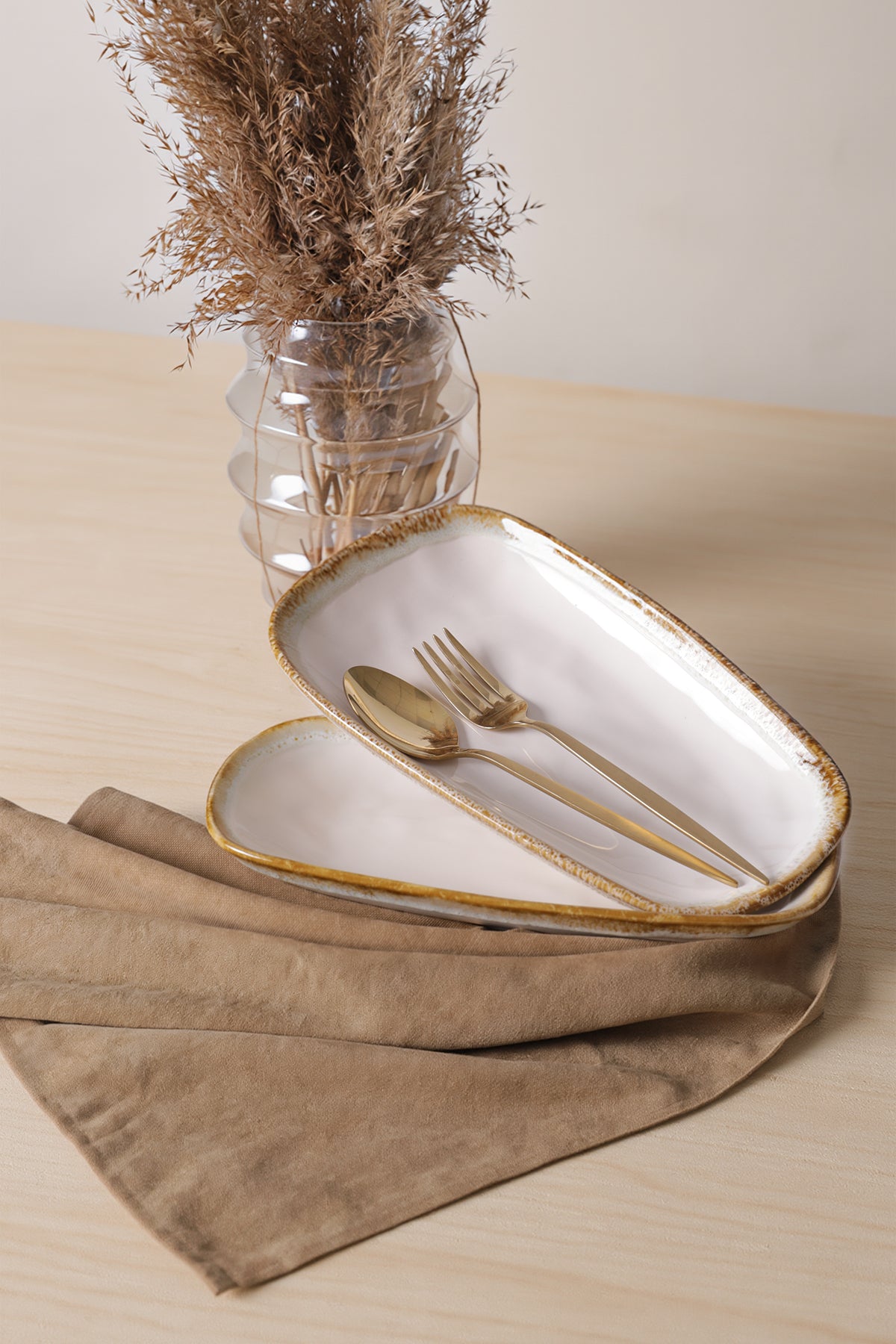 Shizen Cream Tetra Boat-Shaped Plate 28 cm 2 Pieces