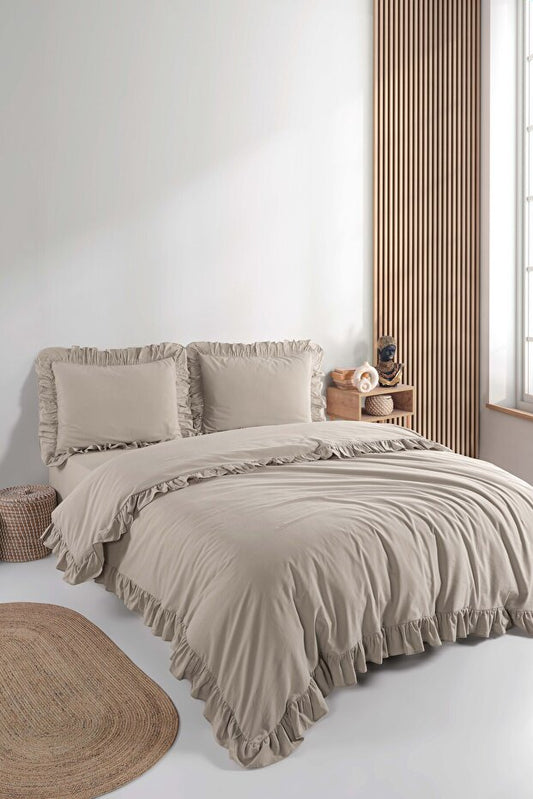 Soft Cotton Dune Ruffle 100% Cotton Double Duvet Cover Set
