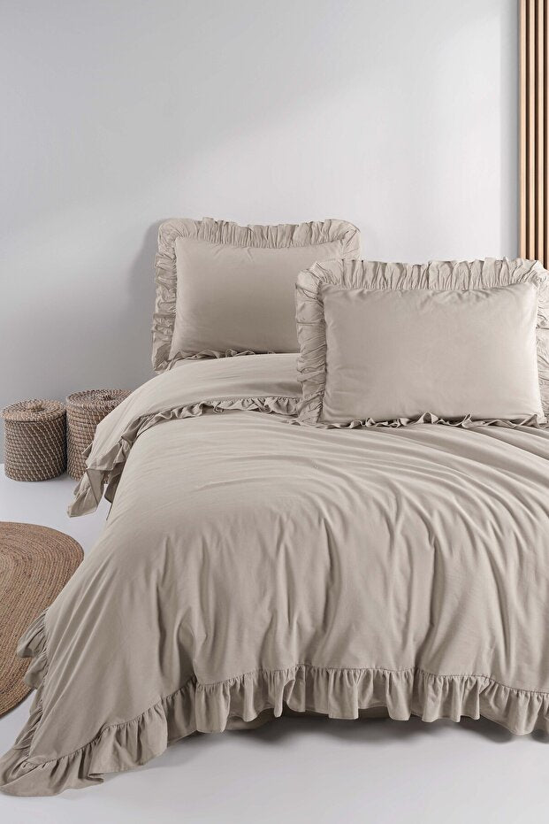 Soft Cotton Dune Ruffle 100% Cotton Double Duvet Cover Set