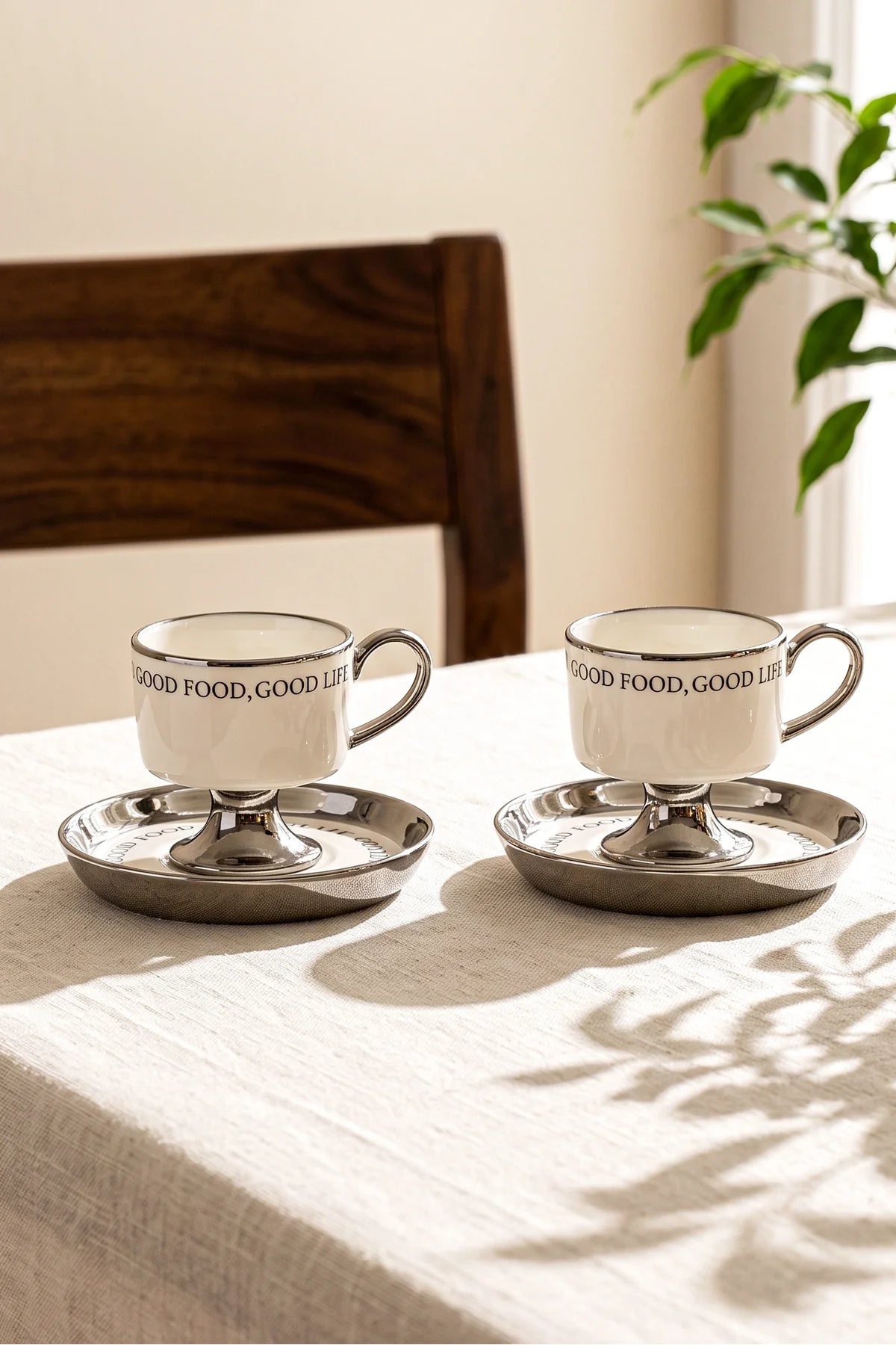 Motto Porcelain Footed 4-Piece Coffee Cup Set for 2 People
