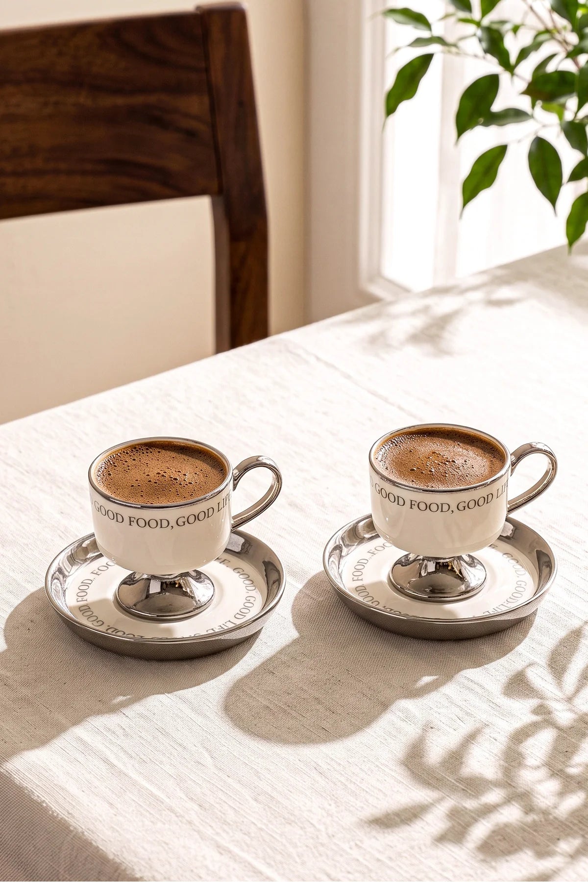 Motto Porcelain Footed 4-Piece Coffee Cup Set for 2 People