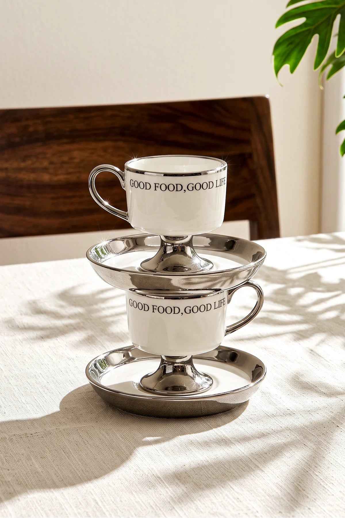 Motto Porcelain Footed 4-Piece Coffee Cup Set for 2 People