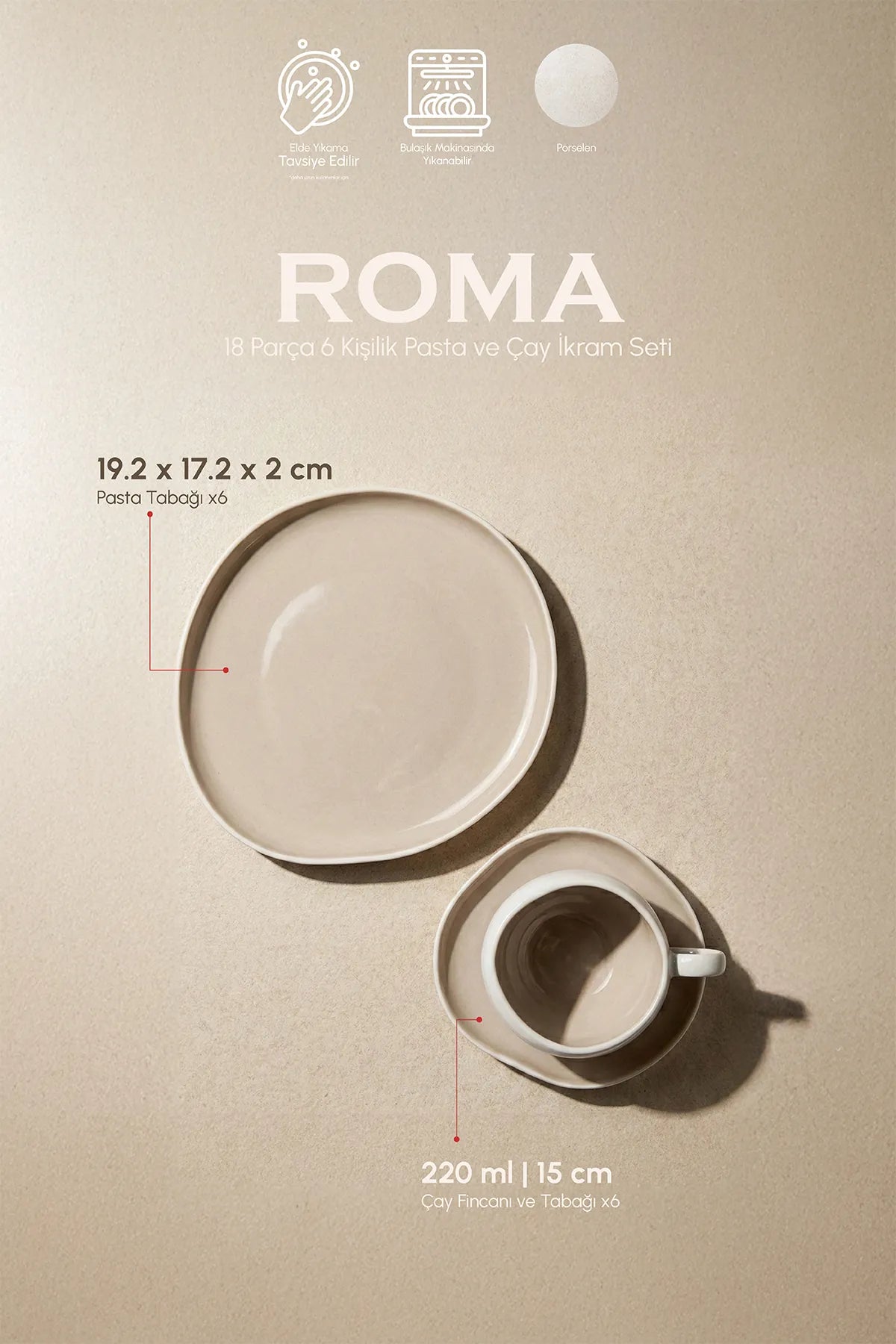 Roma Beige Porcelain 18-Piece Cake and Tea Serving Set