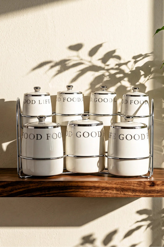 Motto Porcelain 7-Piece Spice Jar Set with Stand
