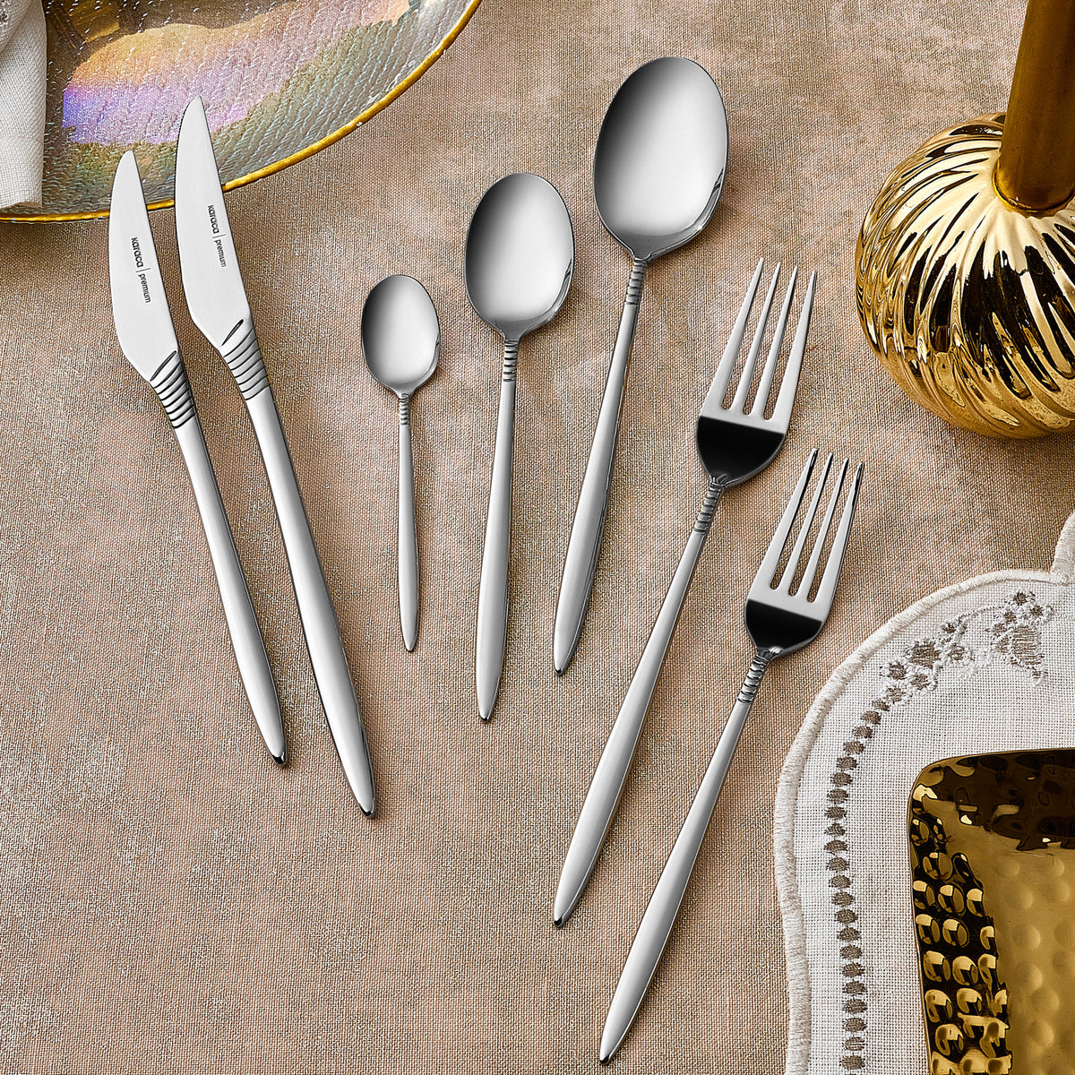 Karaca Cleopatra Premium 84-Piece 12-Person Cutlery Set Platin