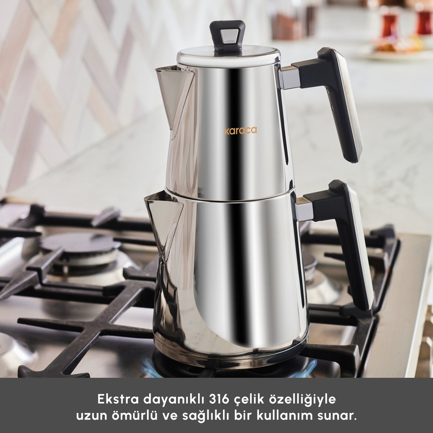 Karaca Powersteel Pro 316+ Space Midi Stainless Steel Induction Base Teapot Set