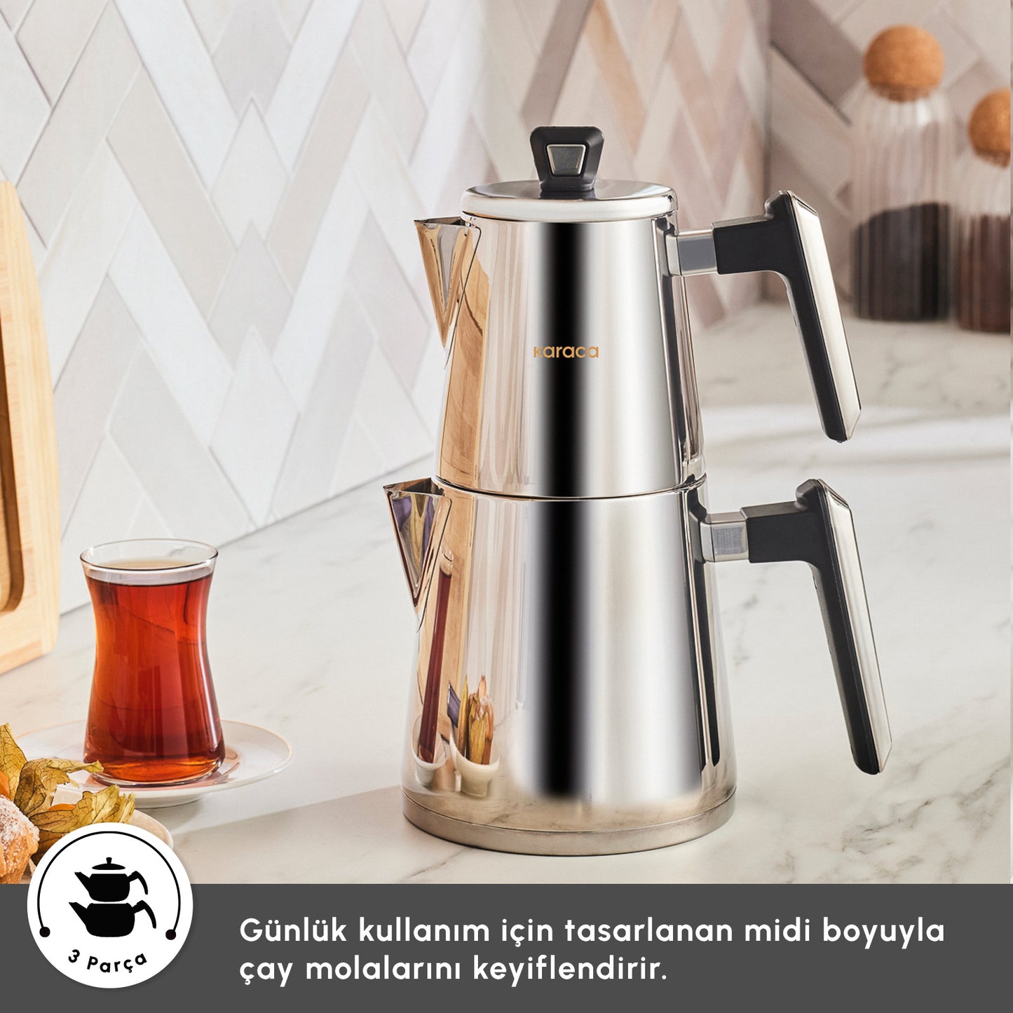 Karaca Powersteel Pro 316+ Space Midi Stainless Steel Induction Base Teapot Set