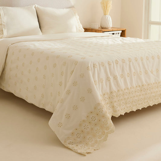 Lacera Embroidered Double Duvet Cover Set Ecru