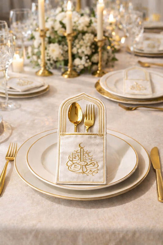 6 Piece Gold Embroidered Elegant Cutlery Pocket Set