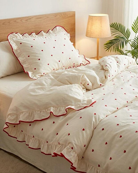 Red Heart Ruffle 100% Cotton Duvet Cover Set