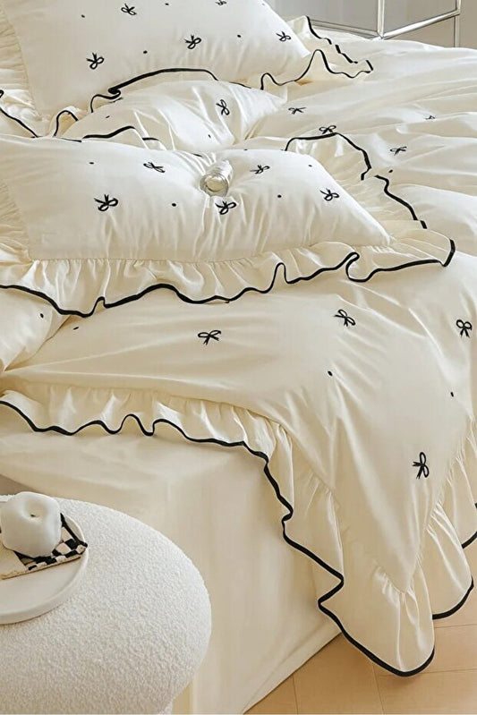 Black Ribbon Ruffle 100% Cotton Duvet Cover Set