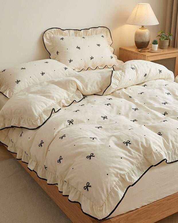 Black Ribbon Ruffle 100% Cotton Duvet Cover Set