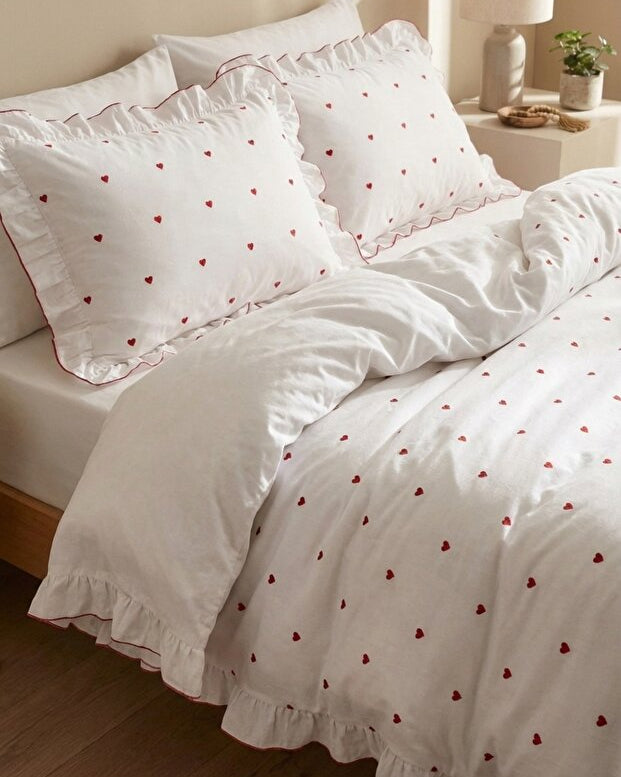 Red Heart Ruffle 100% Cotton Duvet Cover Set