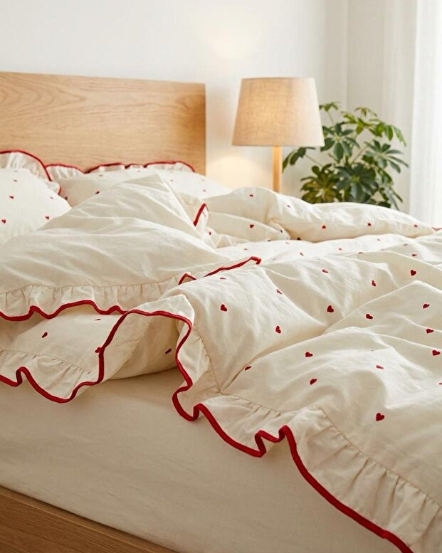 Red Heart Ruffle 100% Cotton Duvet Cover Set