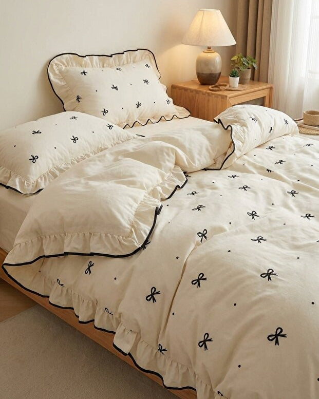 Black Ribbon Ruffle 100% Cotton Duvet Cover Set