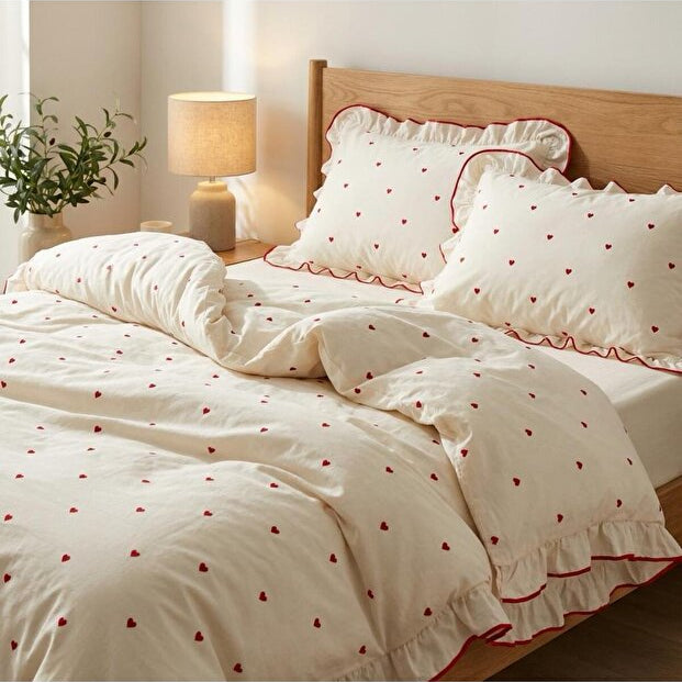 Red Heart Ruffle 100% Cotton Duvet Cover Set