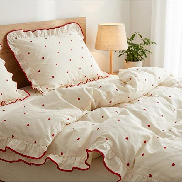 Red Heart Ruffle 100% Cotton Duvet Cover Set
