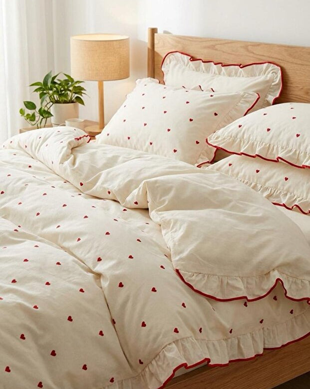 Red Heart Ruffle 100% Cotton Duvet Cover Set