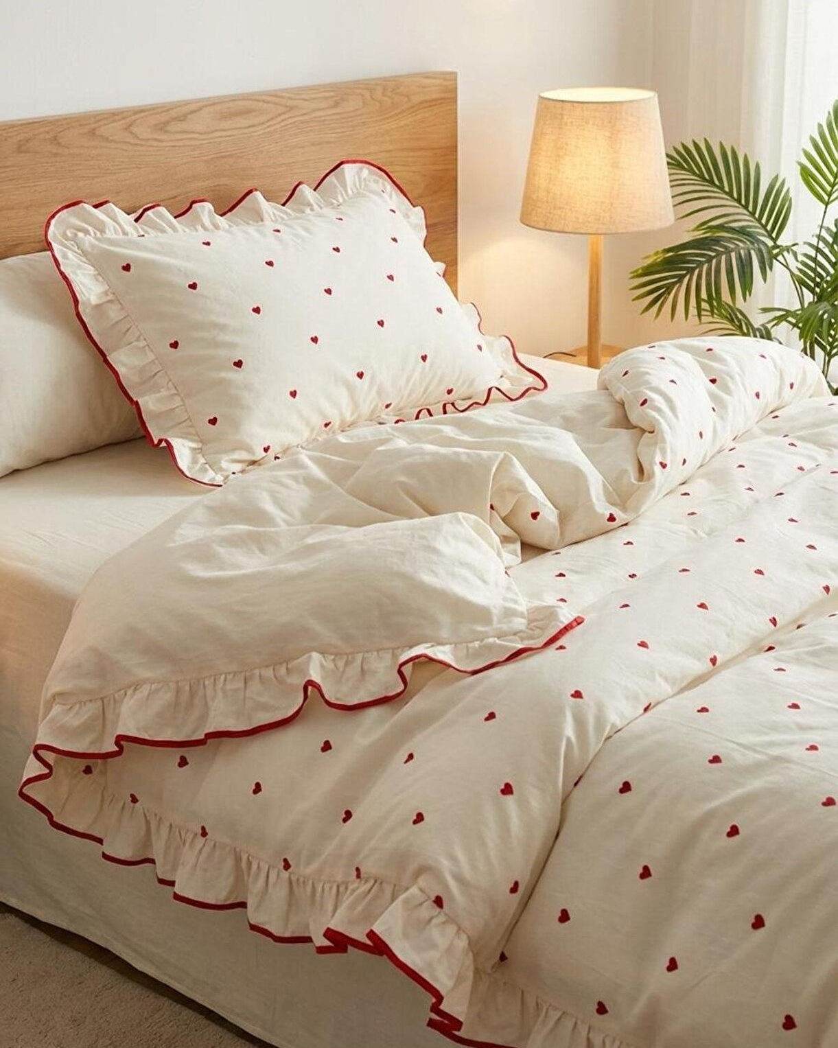 Red Heart Ruffle 100% Cotton Duvet Cover Set