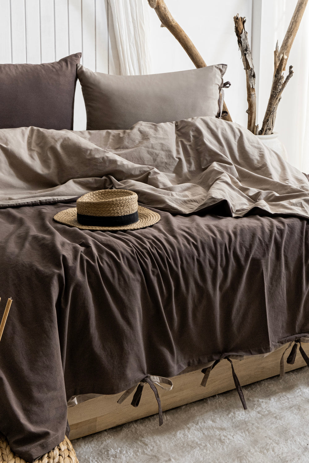Colorful Washed Cotton Duvet Cover Set – Chocolate Brown & Beige