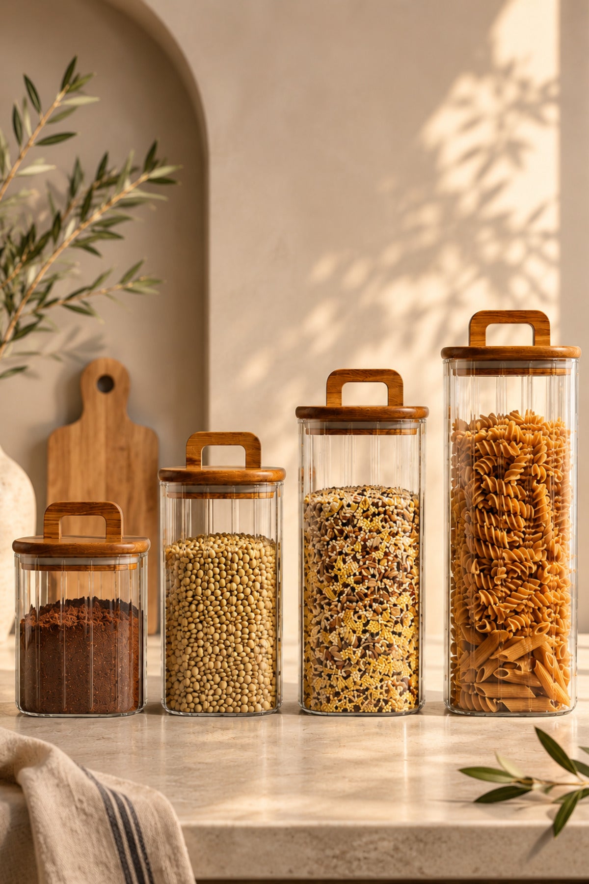 Set of 4 Ribbed Glass Jars with Acacia Lids