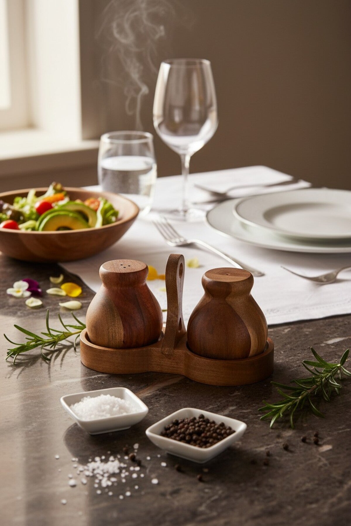 Acacia Noir Salt and Pepper Shaker Set with Stand