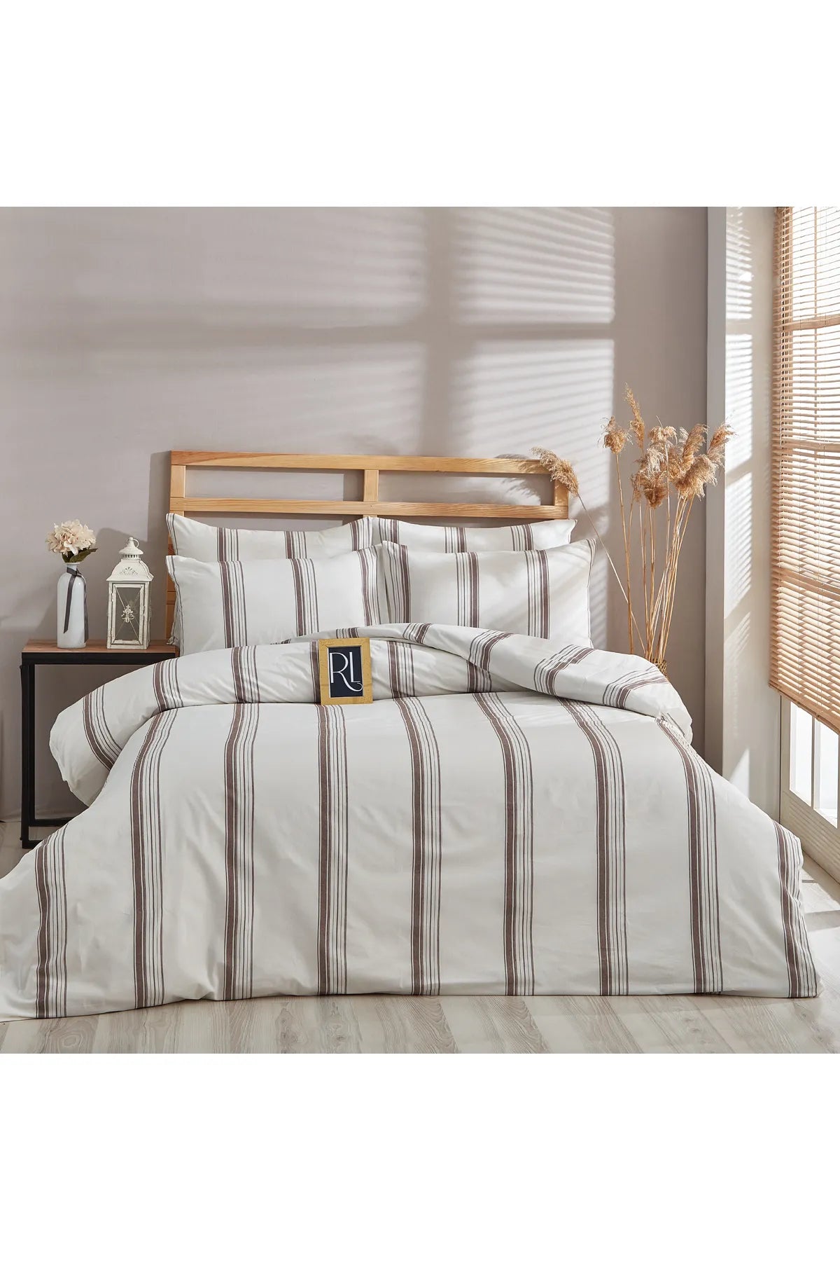 Striped Cotton Duvet Cover Set – Brown