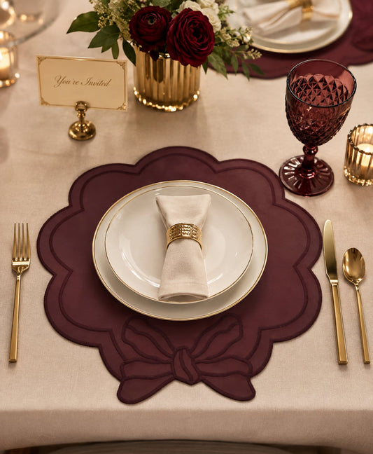 Bow Embroidered Faux Leather Placemat Set – 6 Pieces