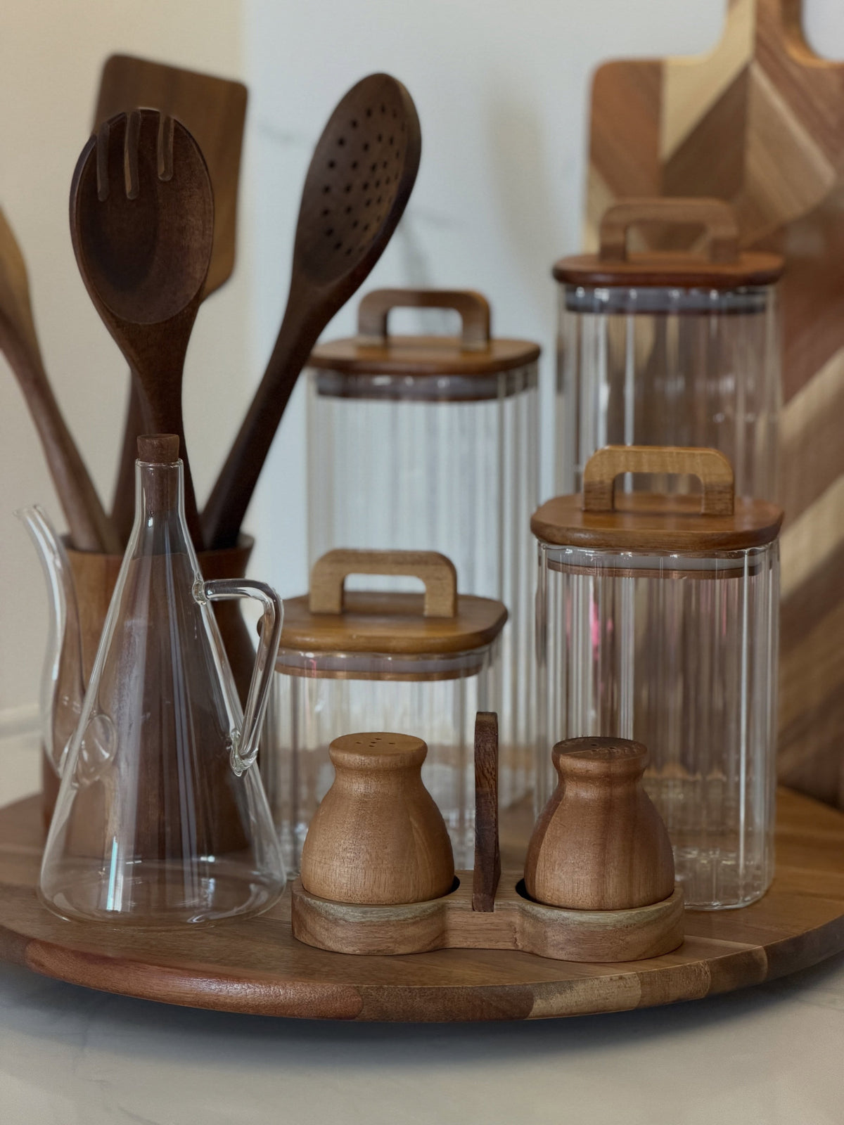 Set of 4 Ribbed Glass Jars with Acacia Lids