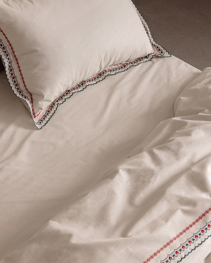 Gao Double 100% Cotton Embroidered Washed Sheet Duvet Cover Set - Ecru