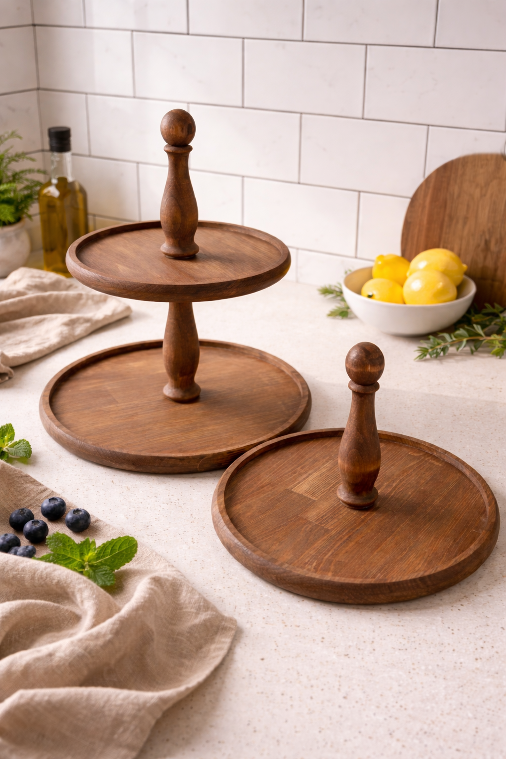 2 Piece Large Size Wooden Serving Stand with Handles