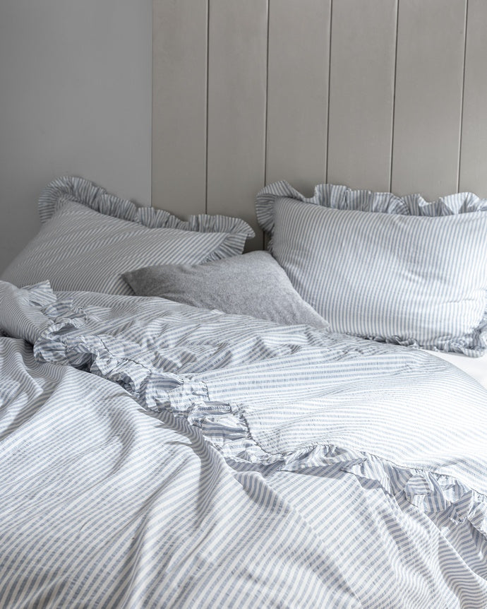 Verona King Size Ruffled Yarn-Dyed Sheet Duvet Cover Set - White/Blue