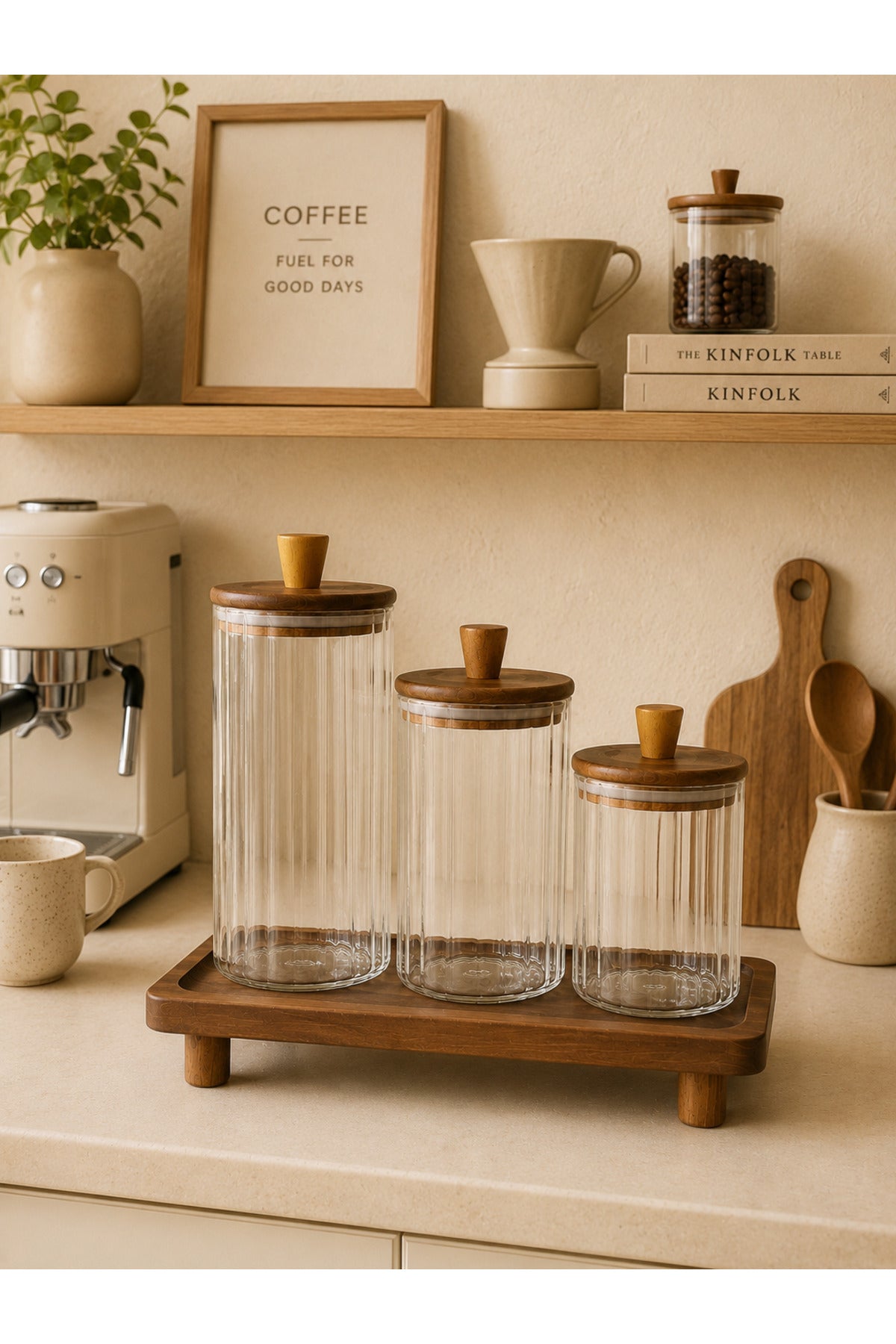 Acacia Glass Jar 3 Piece Set with Acacia Stand