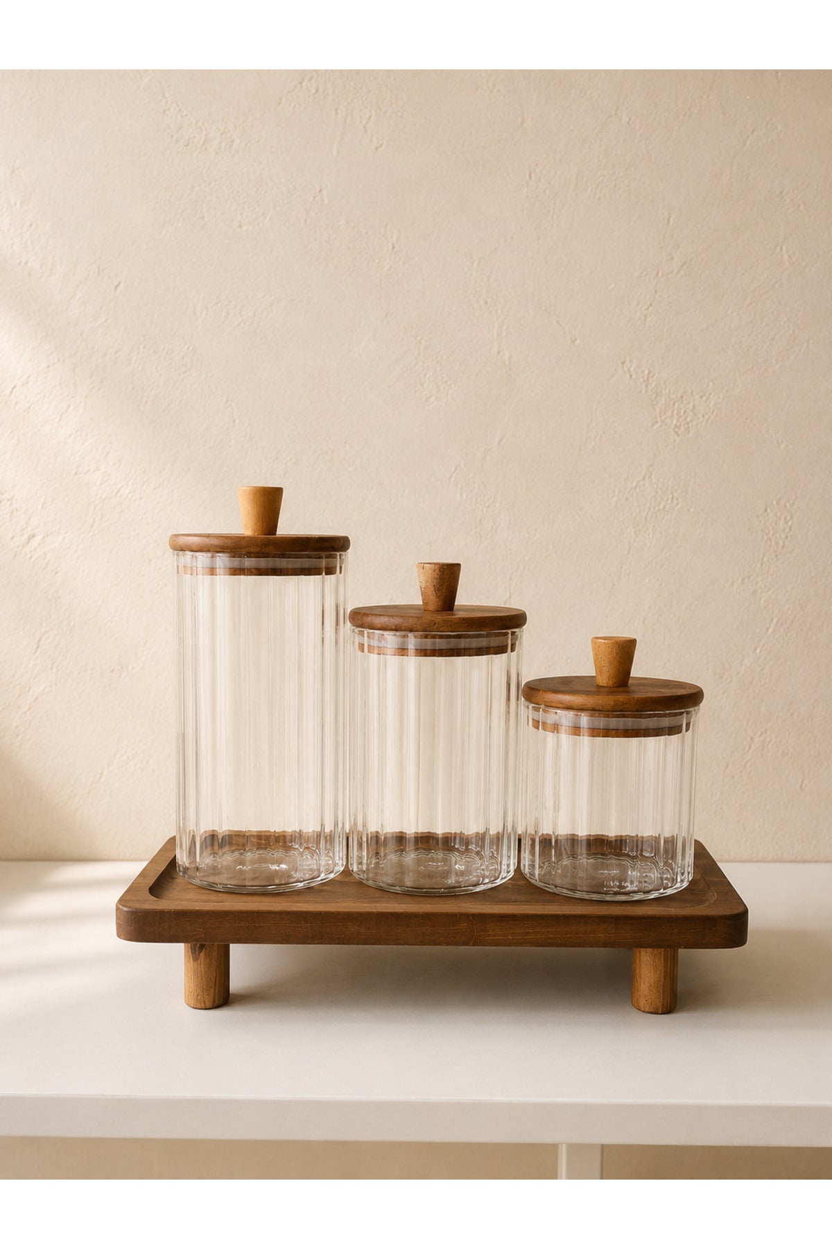 Acacia Glass Jar 3 Piece Set with Acacia Stand