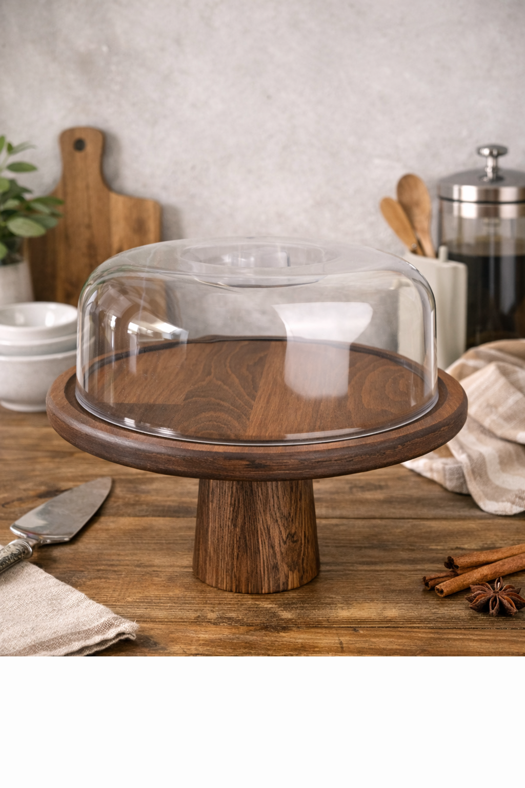 Large Size Round Wooden Stand Cake Dome and Serving Tray Natural Wood 31 cm