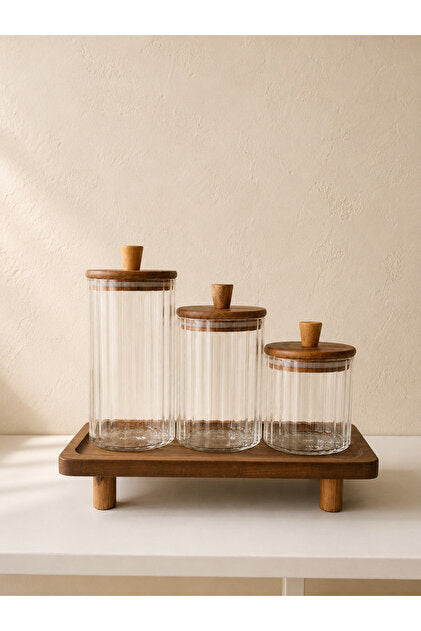 Acacia Glass Jar 3 Piece Set with Acacia Stand