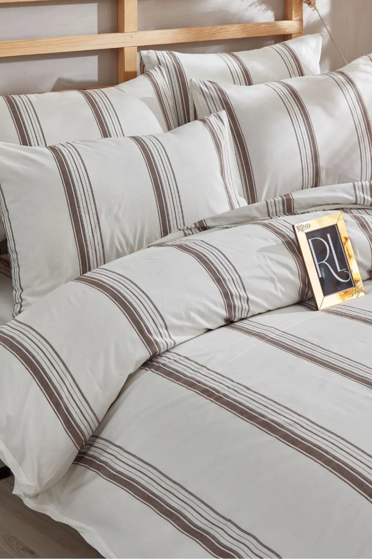 Striped Cotton Duvet Cover Set – Brown