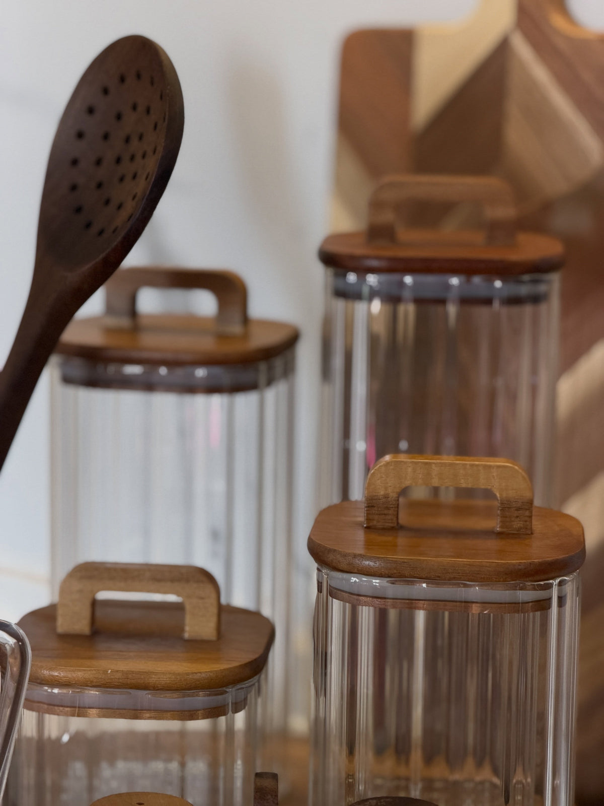Set of 4 Ribbed Glass Jars with Acacia Lids