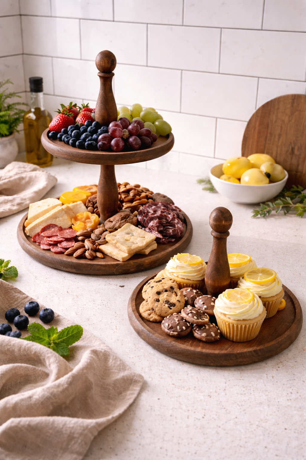 2 Piece Large Size Wooden Serving Stand with Handles