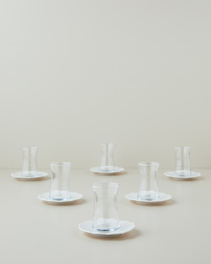 Florvia Tea Glass Set with Bone Porcelain Saucers – 6 Person Set
