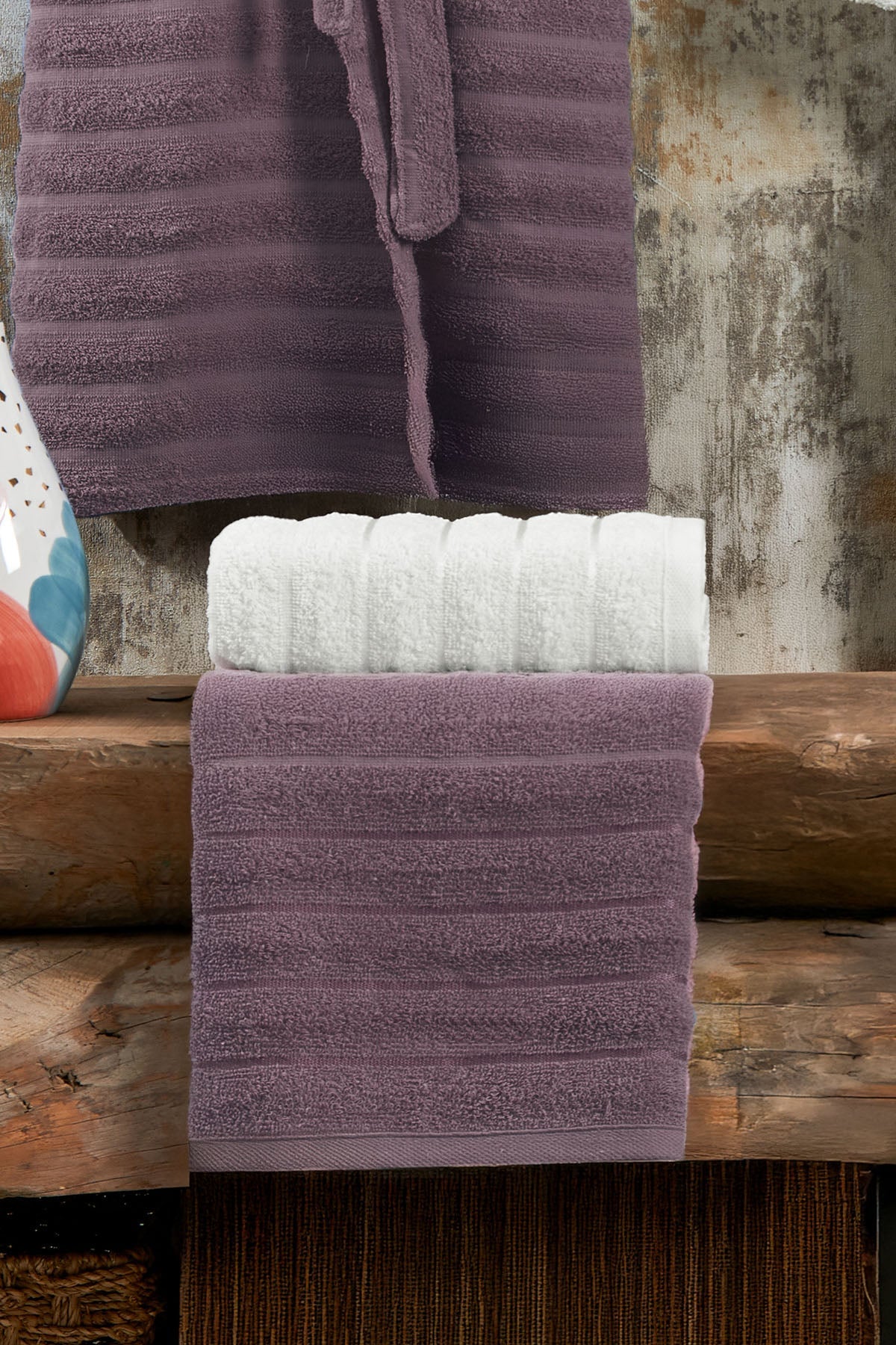 Soft Bathrobe Family Set, 4-Piece Hammam Set (70x135 cm), Plum - Cream