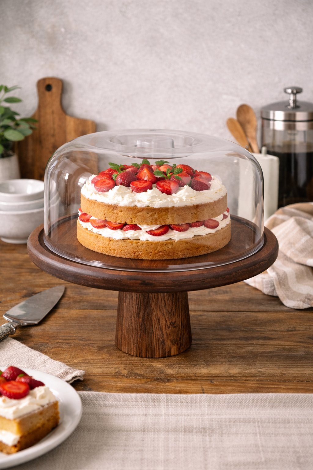 Large Size Round Wooden Stand Cake Dome and Serving Tray Natural Wood 31 cm