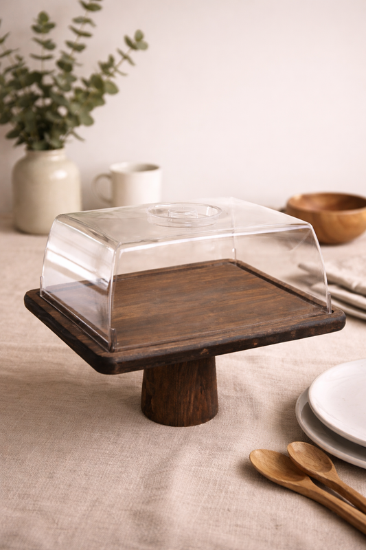 Large Size Square Wooden Stand Cake Dome and Serving Tray, Natural Wood