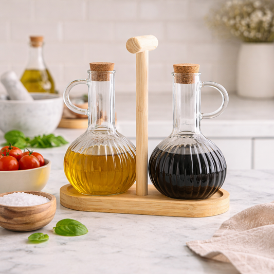2 Piece Bamboo Stand Oil Dispenser Set
