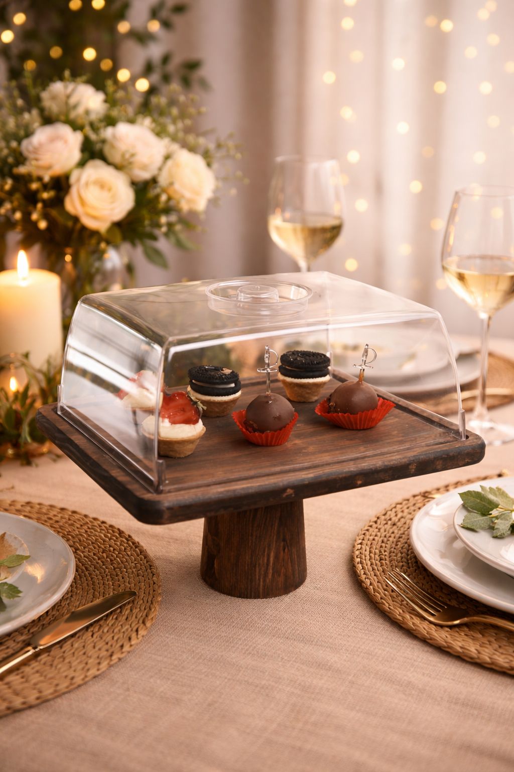 Large Size Square Wooden Stand Cake Dome and Serving Tray, Natural Wood