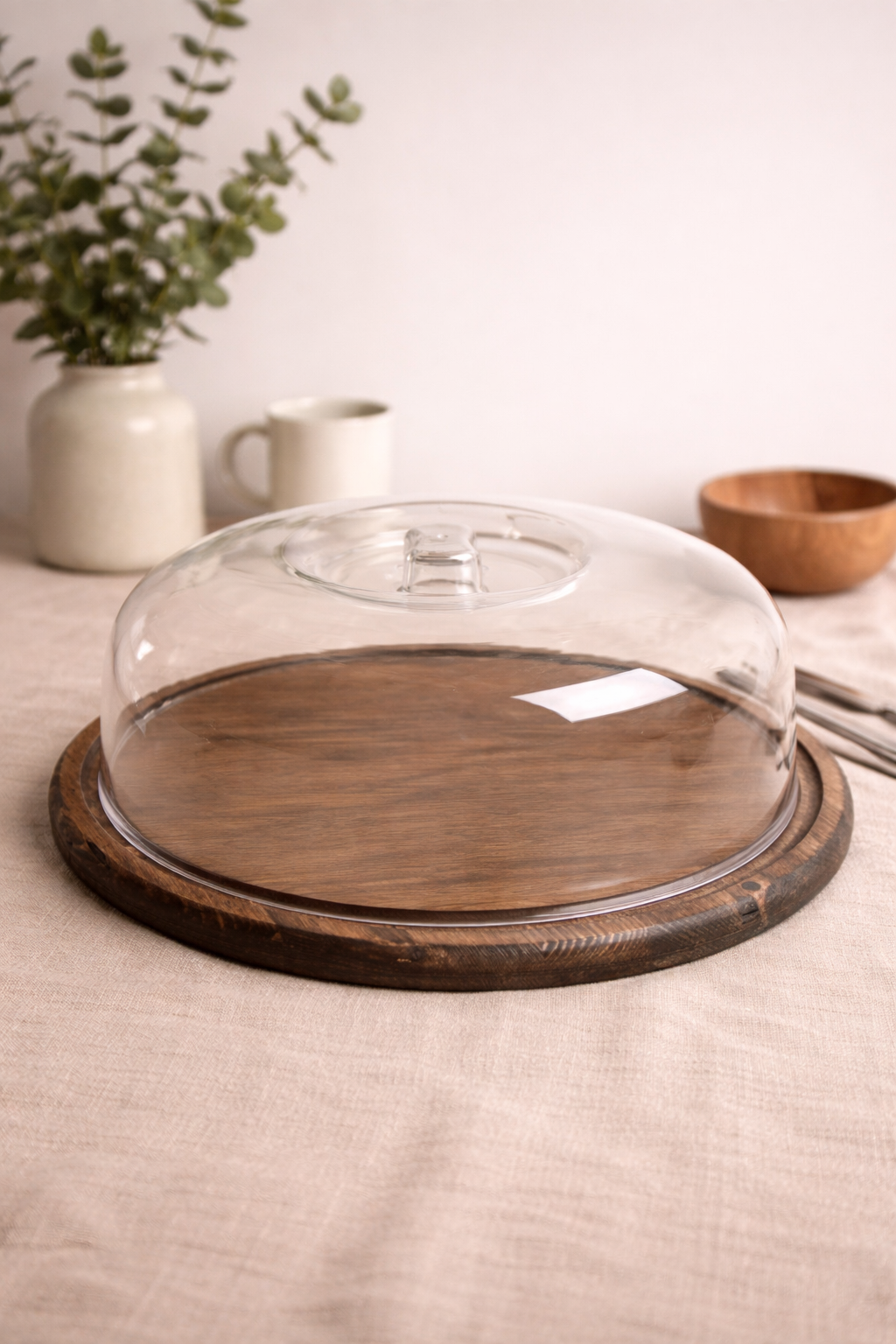 Large Round Wooden Stand Cake Dome and Serving Tray Natural Wood 31 cm