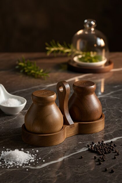 Acacia Noir Salt and Pepper Shaker Set with Stand